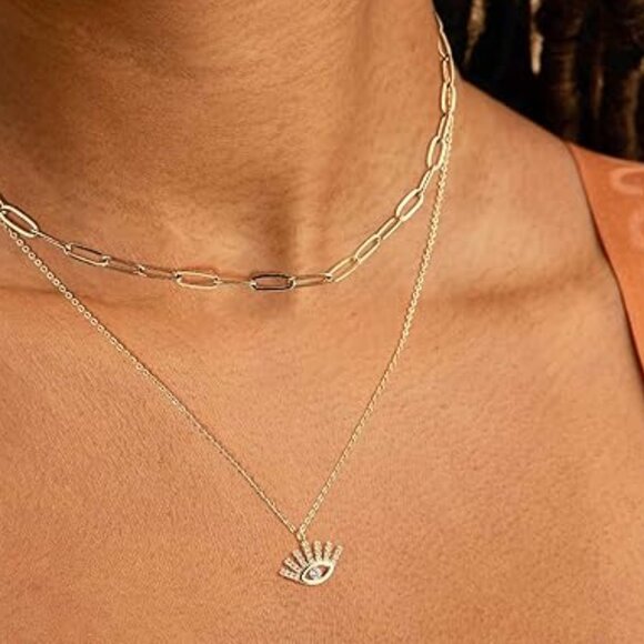 Neiman Marcus Illuminated 14K Gold Plated CZ 2-layer Evil Eye Necklace - Picture 1 of 4